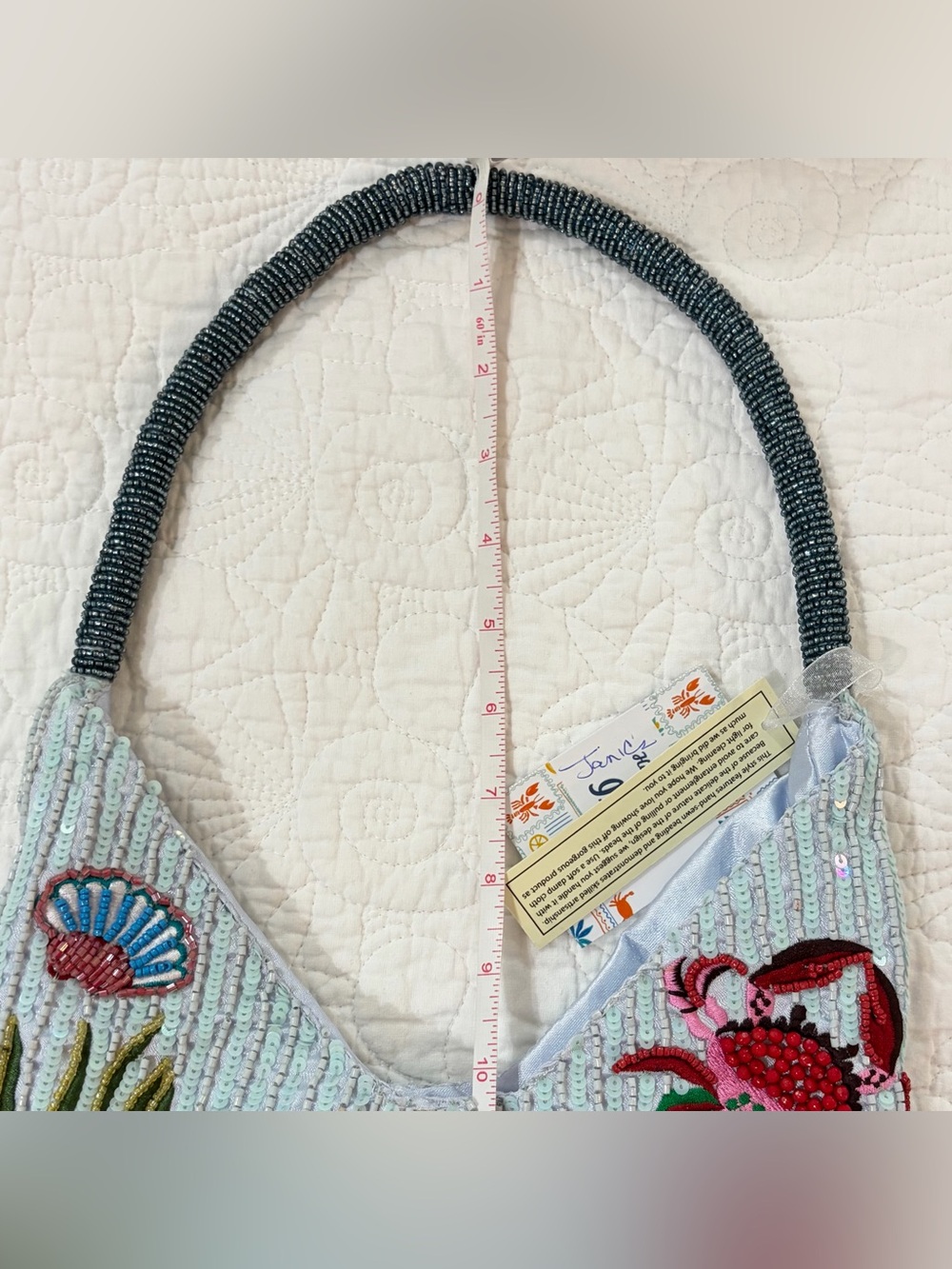 NWT Made in India Beaded Ocean Tote Handbag with Turtle & Shell Motif - Aqua - Picture 7 of 8